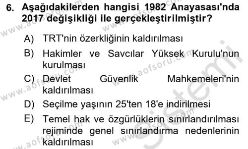 Anayasa Hukukuna Giriş Dersi 2022 - 2023 Yılı (Vize) Ara Sınavı 6. Soru