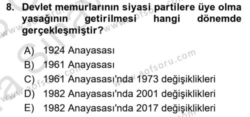 Anayasa Hukukuna Giriş Dersi 2022 - 2023 Yılı (Vize) Ara Sınavı 8. Soru