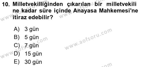 Anayasa Hukukuna Giriş Dersi 2022 - 2023 Yılı Yaz Okulu Sınavı 10. Soru