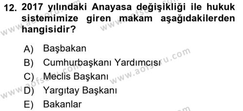 Anayasa Hukukuna Giriş Dersi 2022 - 2023 Yılı Yaz Okulu Sınavı 12. Soru