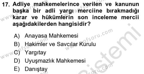 Anayasa Hukukuna Giriş Dersi 2022 - 2023 Yılı Yaz Okulu Sınavı 17. Soru