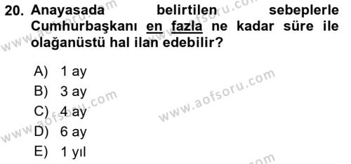 Anayasa Hukukuna Giriş Dersi 2022 - 2023 Yılı Yaz Okulu Sınavı 20. Soru