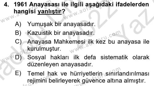 Anayasa Hukukuna Giriş Dersi 2022 - 2023 Yılı Yaz Okulu Sınavı 4. Soru