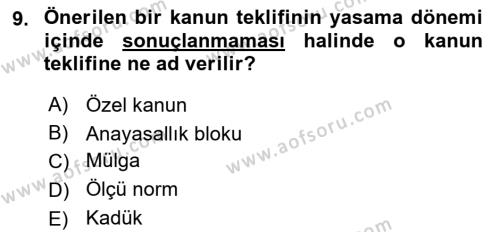 Anayasa Hukukuna Giriş Dersi 2022 - 2023 Yılı Yaz Okulu Sınavı 9. Soru