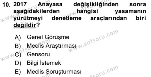 Anayasa Hukukuna Giriş Dersi 2023 - 2024 Yılı (Final) Dönem Sonu Sınavı 10. Soru