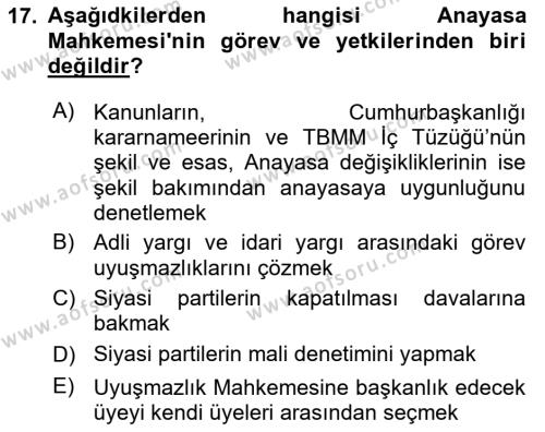 Anayasa Hukukuna Giriş Dersi 2023 - 2024 Yılı (Final) Dönem Sonu Sınavı 17. Soru