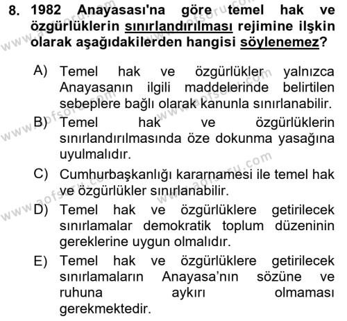 Anayasa Hukukuna Giriş Dersi 2023 - 2024 Yılı (Final) Dönem Sonu Sınavı 8. Soru