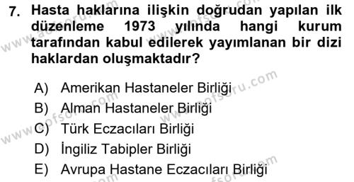 Sağlık Hukuku Dersi 2023 - 2024 Yılı (Vize) Ara Sınavı 7. Soru