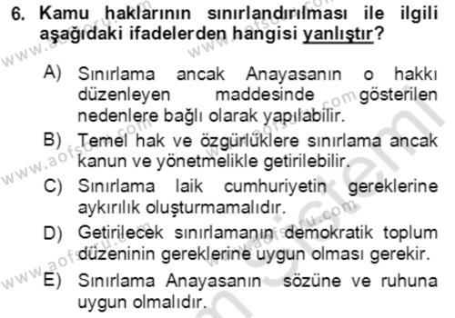 Temel Hukuk Bilgisi Dersi 2020 - 2021 Yılı Yaz Okulu Sınavı 6. Soru