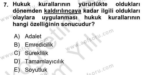 Temel Hukuk Bilgisi Dersi 2021 - 2022 Yılı Yaz Okulu Sınavı 7. Soru