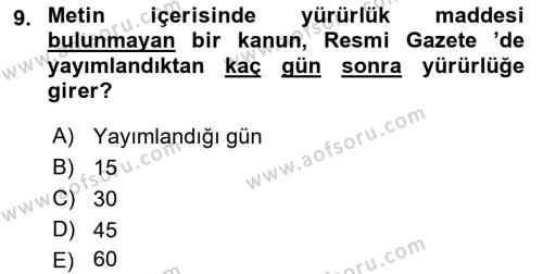 Temel Hukuk Bilgisi Dersi 2022 - 2023 Yılı (Vize) Ara Sınavı 9. Soru