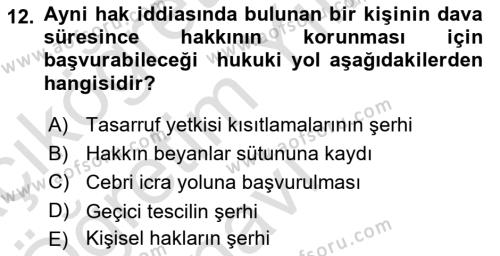 Medeni Hukuk Bilgisi Dersi 2020 - 2021 Yılı Yaz Okulu Sınavı 12. Soru