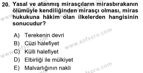 Medeni Hukuk Bilgisi Dersi 2020 - 2021 Yılı Yaz Okulu Sınavı 20. Soru