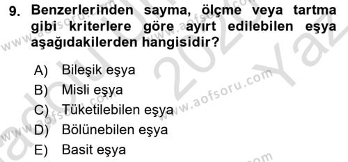 Medeni Hukuk Bilgisi Dersi 2020 - 2021 Yılı Yaz Okulu Sınavı 9. Soru