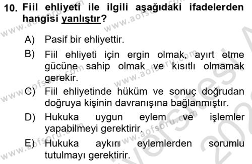 Medeni Hukuk Bilgisi Dersi 2021 - 2022 Yılı (Vize) Ara Sınavı 10. Soru