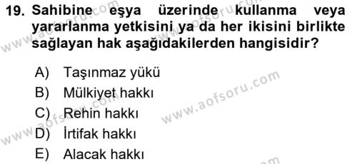 Medeni Hukuk Bilgisi Dersi 2021 - 2022 Yılı (Vize) Ara Sınavı 19. Soru