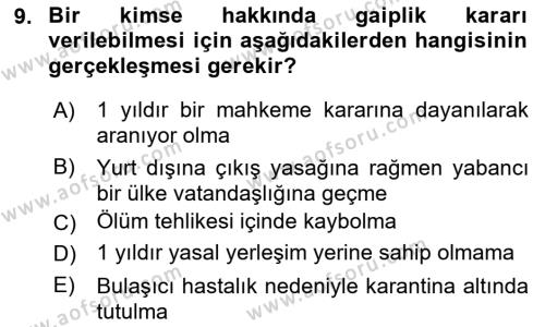 Medeni Hukuk Bilgisi Dersi 2021 - 2022 Yılı (Vize) Ara Sınavı 9. Soru