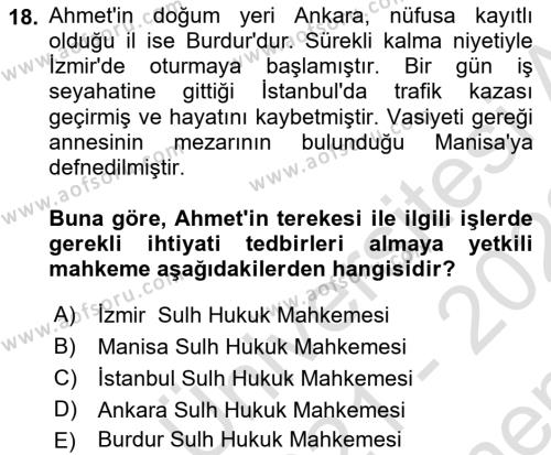 Medeni Hukuk Bilgisi Dersi 2021 - 2022 Yılı (Final) Dönem Sonu Sınavı 18. Soru