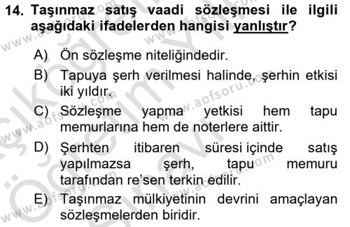 Medeni Hukuk Bilgisi Dersi 2021 - 2022 Yılı Yaz Okulu Sınavı 14. Soru