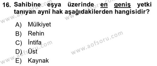 Medeni Hukuk Bilgisi Dersi 2022 - 2023 Yılı (Vize) Ara Sınavı 16. Soru