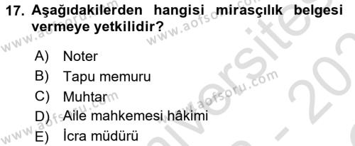 Medeni Hukuk Bilgisi Dersi 2022 - 2023 Yılı Yaz Okulu Sınavı 17. Soru