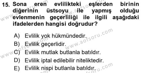 Medeni Hukuk Bilgisi Dersi 2023 - 2024 Yılı (Vize) Ara Sınavı 15. Soru