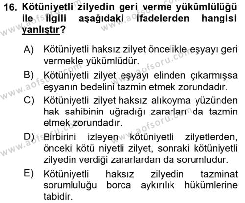 Medeni Hukuk Bilgisi Dersi 2023 - 2024 Yılı (Vize) Ara Sınavı 16. Soru