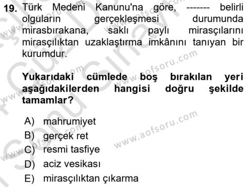 Medeni Hukuk Bilgisi Dersi 2023 - 2024 Yılı (Final) Dönem Sonu Sınavı 19. Soru