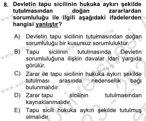 Medeni Hukuk Bilgisi Dersi 2023 - 2024 Yılı (Final) Dönem Sonu Sınavı 8. Soru