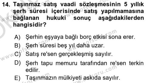 Medeni Hukuk Bilgisi Dersi 2023 - 2024 Yılı Yaz Okulu Sınavı 14. Soru