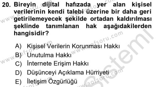 Bilişim Hukuku Dersi 2022 - 2023 Yılı Yaz Okulu Sınavı 20. Soru