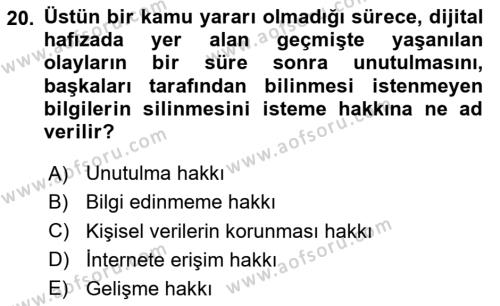 Bilişim Hukuku Dersi 2023 - 2024 Yılı (Final) Dönem Sonu Sınavı 20. Soru