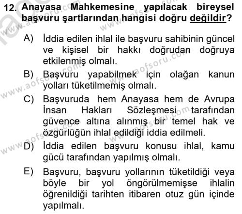 İnsan Hakları Hukukuna Giriş Dersi 2020 - 2021 Yılı Yaz Okulu Sınavı 12. Soru