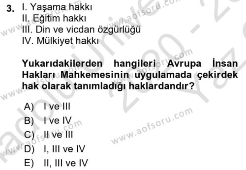 İnsan Hakları Hukukuna Giriş Dersi 2020 - 2021 Yılı Yaz Okulu Sınavı 3. Soru