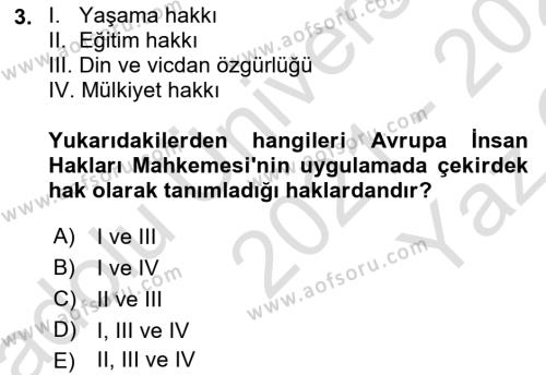 İnsan Hakları Hukukuna Giriş Dersi 2021 - 2022 Yılı Yaz Okulu Sınavı 3. Soru