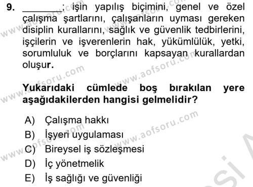 Temel İş Hukuku Dersi 2021 - 2022 Yılı (Vize) Ara Sınavı 9. Soru