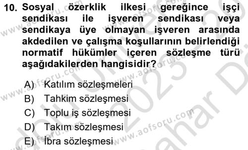 Temel İş Hukuku Dersi 2023 - 2024 Yılı (Vize) Ara Sınavı 10. Soru