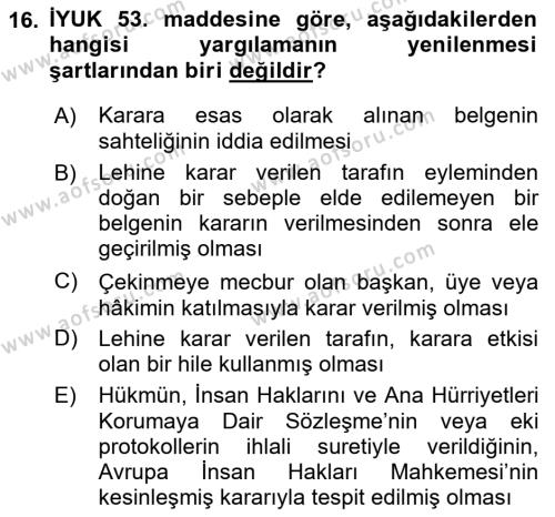 Yargı Örgütü Ve Tebligat Hukuku Dersi 2023 - 2024 Yılı (Vize) Ara Sınavı 16. Soru