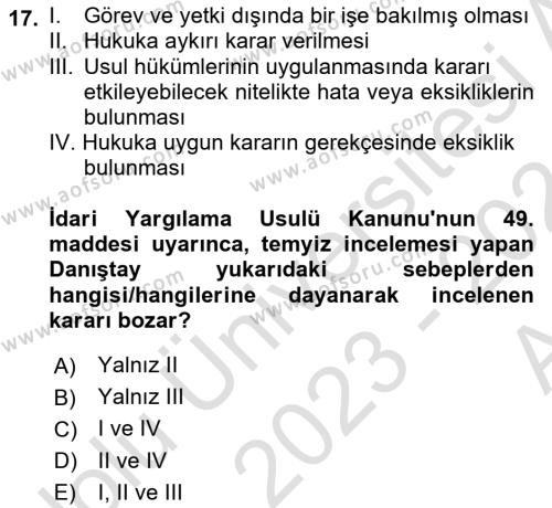 Yargı Örgütü Ve Tebligat Hukuku Dersi 2023 - 2024 Yılı (Vize) Ara Sınavı 17. Soru