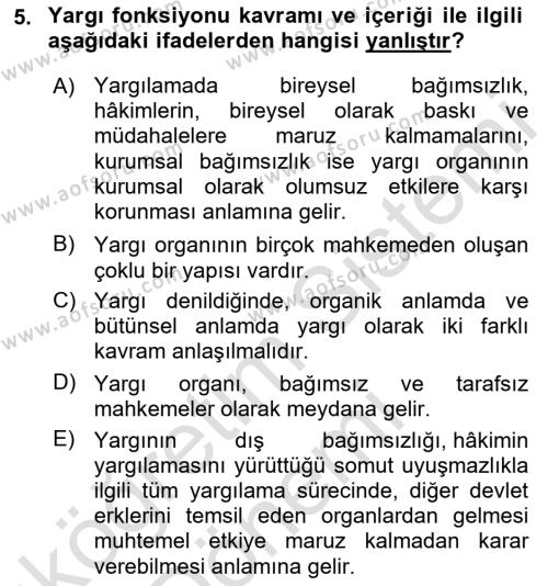 Yargı Örgütü Ve Tebligat Hukuku Dersi 2023 - 2024 Yılı (Vize) Ara Sınavı 5. Soru