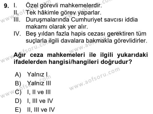 Yargı Örgütü Ve Tebligat Hukuku Dersi 2023 - 2024 Yılı (Vize) Ara Sınavı 9. Soru