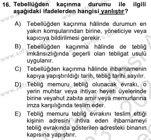 Yargı Örgütü Ve Tebligat Hukuku Dersi 2023 - 2024 Yılı (Final) Dönem Sonu Sınavı 16. Soru