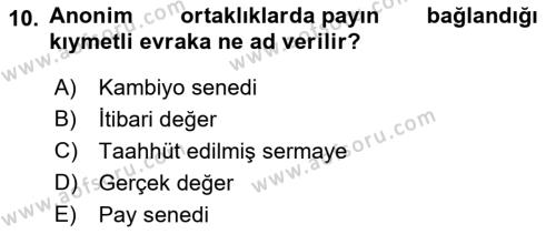 Ticaret Hukuku Dersi 2021 - 2022 Yılı Yaz Okulu Sınavı 10. Soru