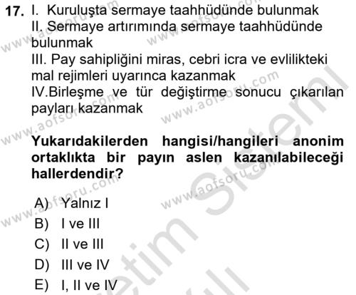 Ticaret Hukuku Dersi 2021 - 2022 Yılı Yaz Okulu Sınavı 17. Soru