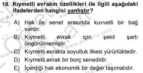 Ticaret Hukuku Dersi 2021 - 2022 Yılı Yaz Okulu Sınavı 18. Soru