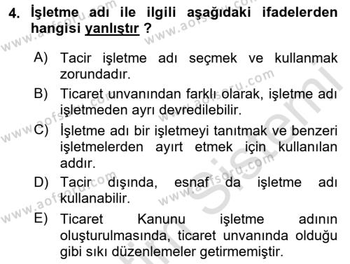 Ticaret Hukuku Dersi 2021 - 2022 Yılı Yaz Okulu Sınavı 4. Soru