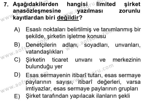 Ticaret Hukuku Dersi 2021 - 2022 Yılı Yaz Okulu Sınavı 7. Soru