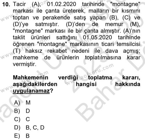 Ticaret Hukuku Dersi 2023 - 2024 Yılı (Vize) Ara Sınavı 10. Soru