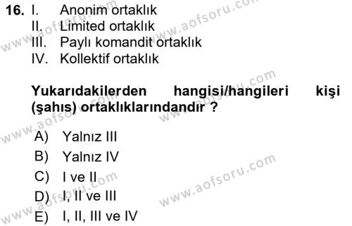 Ticaret Hukuku Dersi 2023 - 2024 Yılı (Vize) Ara Sınavı 16. Soru