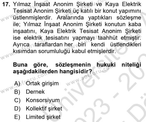 Ticaret Hukuku Dersi 2023 - 2024 Yılı (Vize) Ara Sınavı 17. Soru